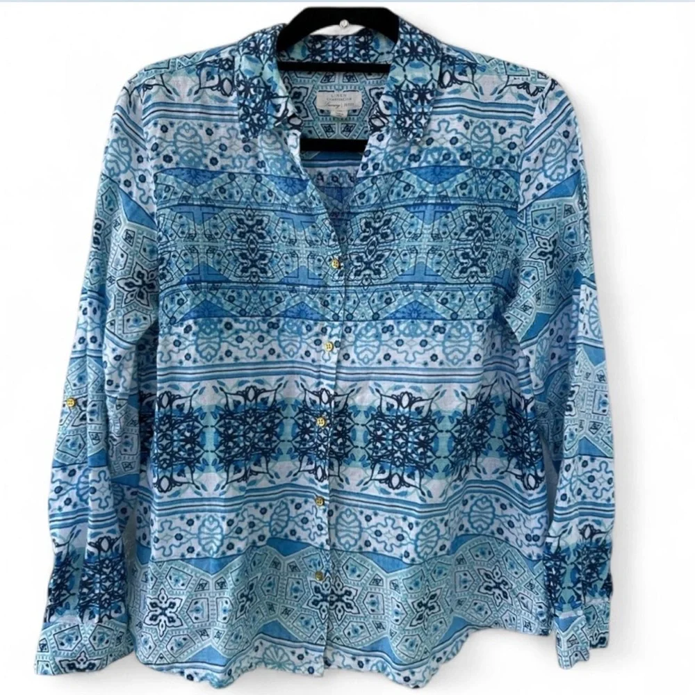 Charter Club Luxury Linen Button Down Long Sleeve Top Blue Large Petite - Picture 2 of 6